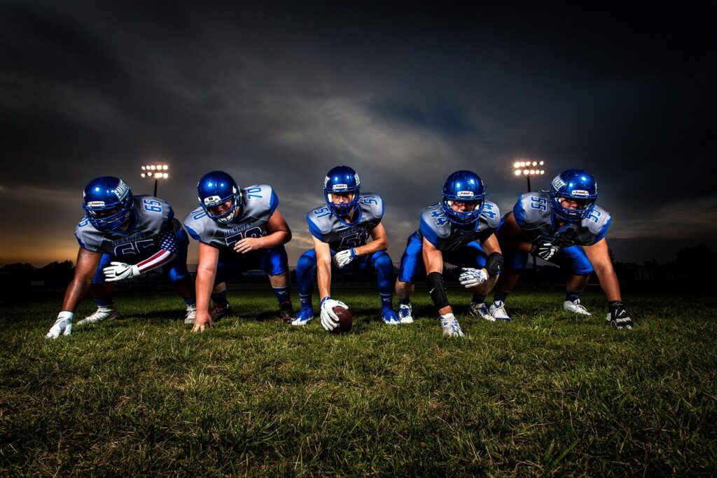 athletes, american football, players, football team, football players, football field, team, ball, field, nature, football, game, grass, helmets, men, people, rugby, sport, stadium, uniforms