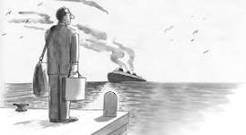 missed the boat - North Sydney Orthodontics Man in an overcoat on a dock with luggage, watching a steamship on the horizon with smoke rising.